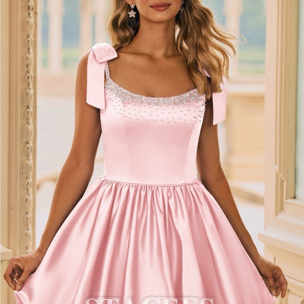 A-line Sparkling Satin Bubble  Dress with Embellished Bodice & Bow Straps